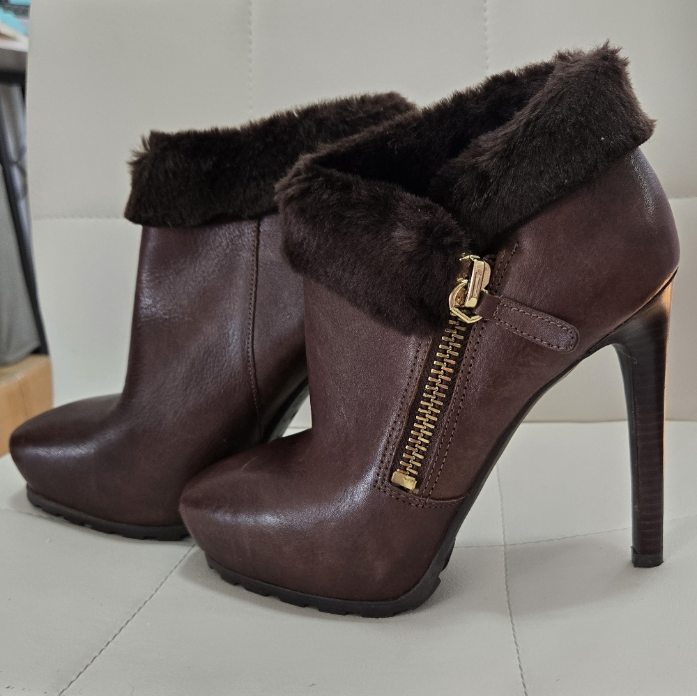 Guess Dark Brown Fur-Trimmed Heeled Boots